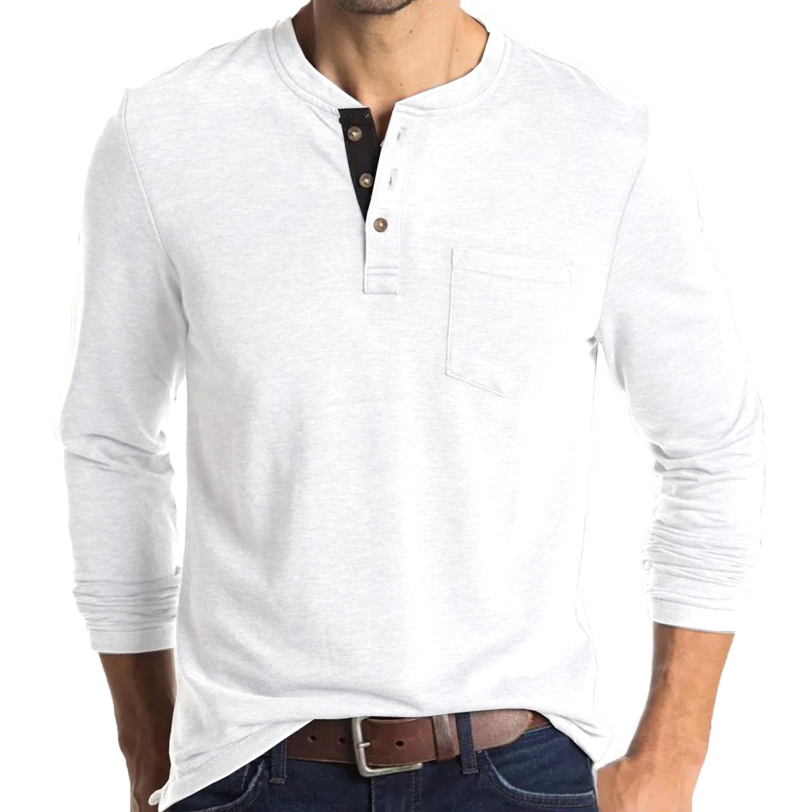 thumbnail image 1 of Camisa de manga larga con cuello redondo y botones para hombre, ideal para primavera y otoño. Prenda de color liso con bolsillos, ideal para looks informales de oficina., 1 of 2
